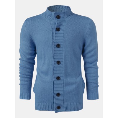 Mens Solid Color Knitted Button Up Long Sleeve Sweater Jacket