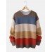 Mens Striped Knitting Round Neck Long Sleeve Warm Sweaters